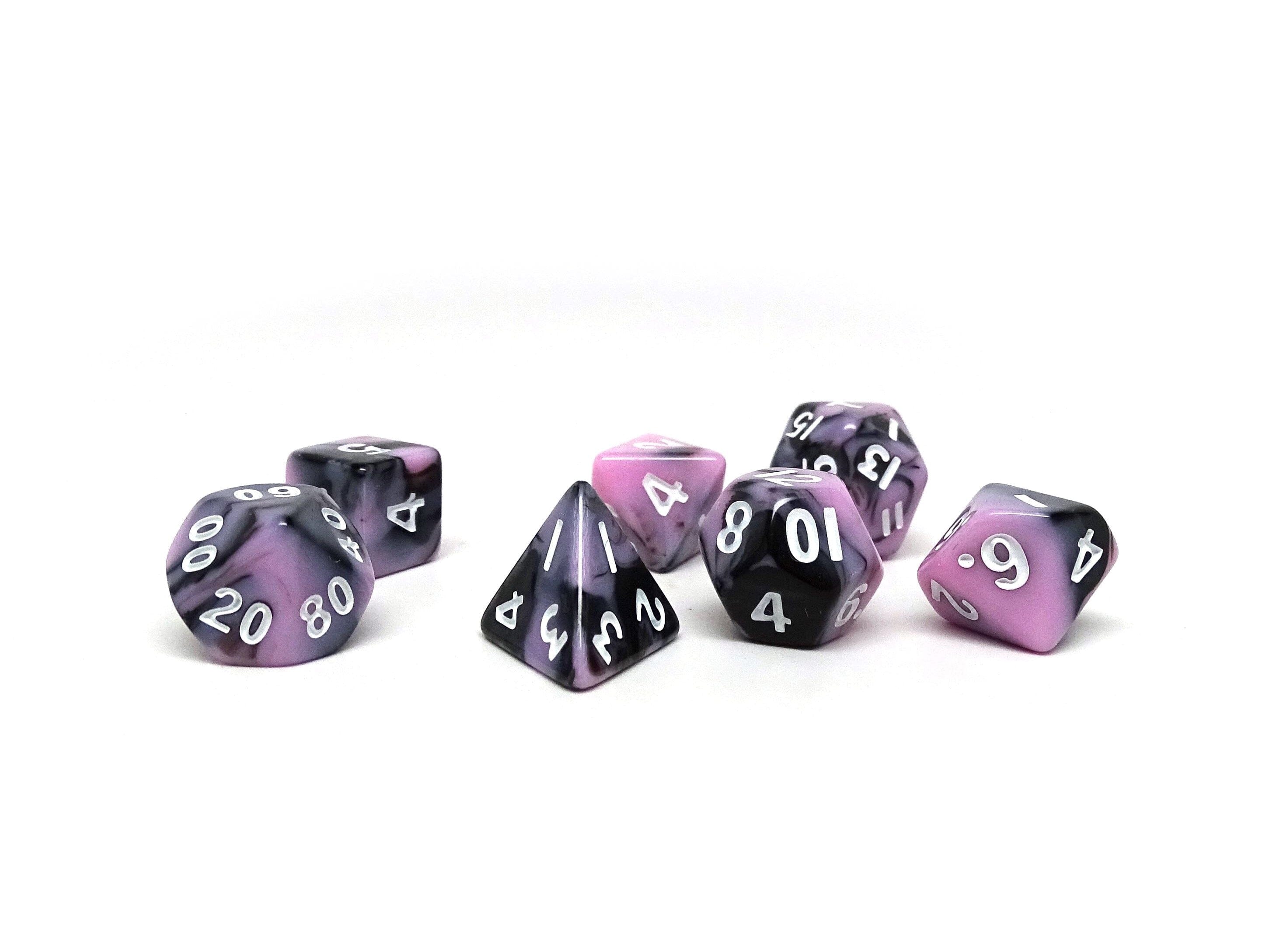 10mm Pink and Black Swirl Mini Dice Set - Bards & Cards