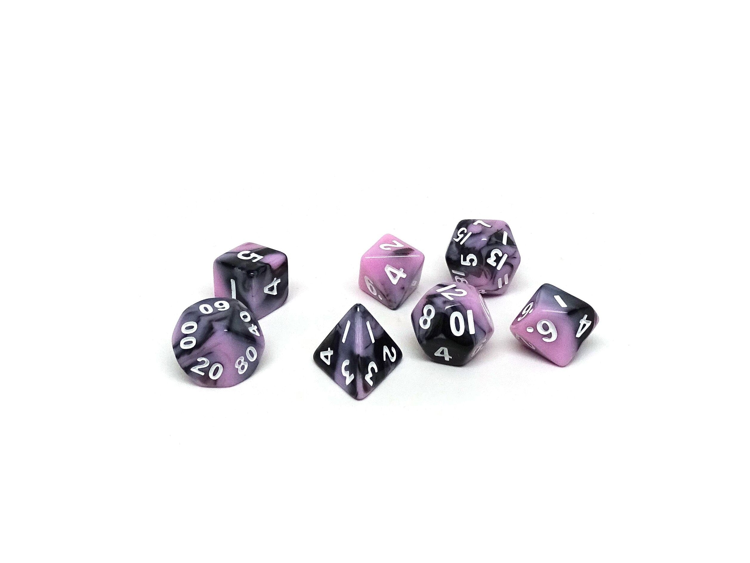 10mm Pink and Black Swirl Mini Dice Set - Bards & Cards