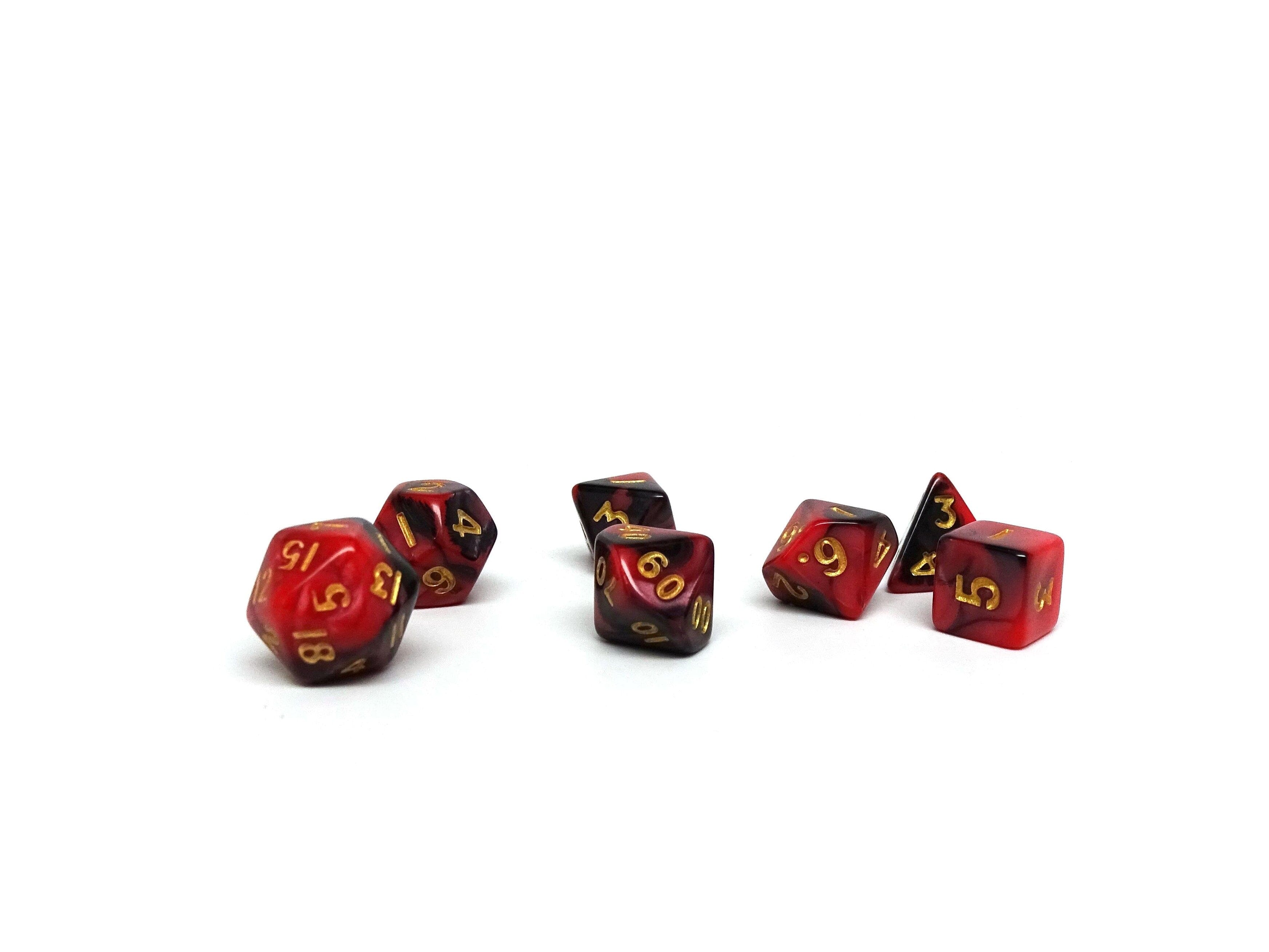 10mm Black and Red Swirl Mini Dice Set - Bards & Cards