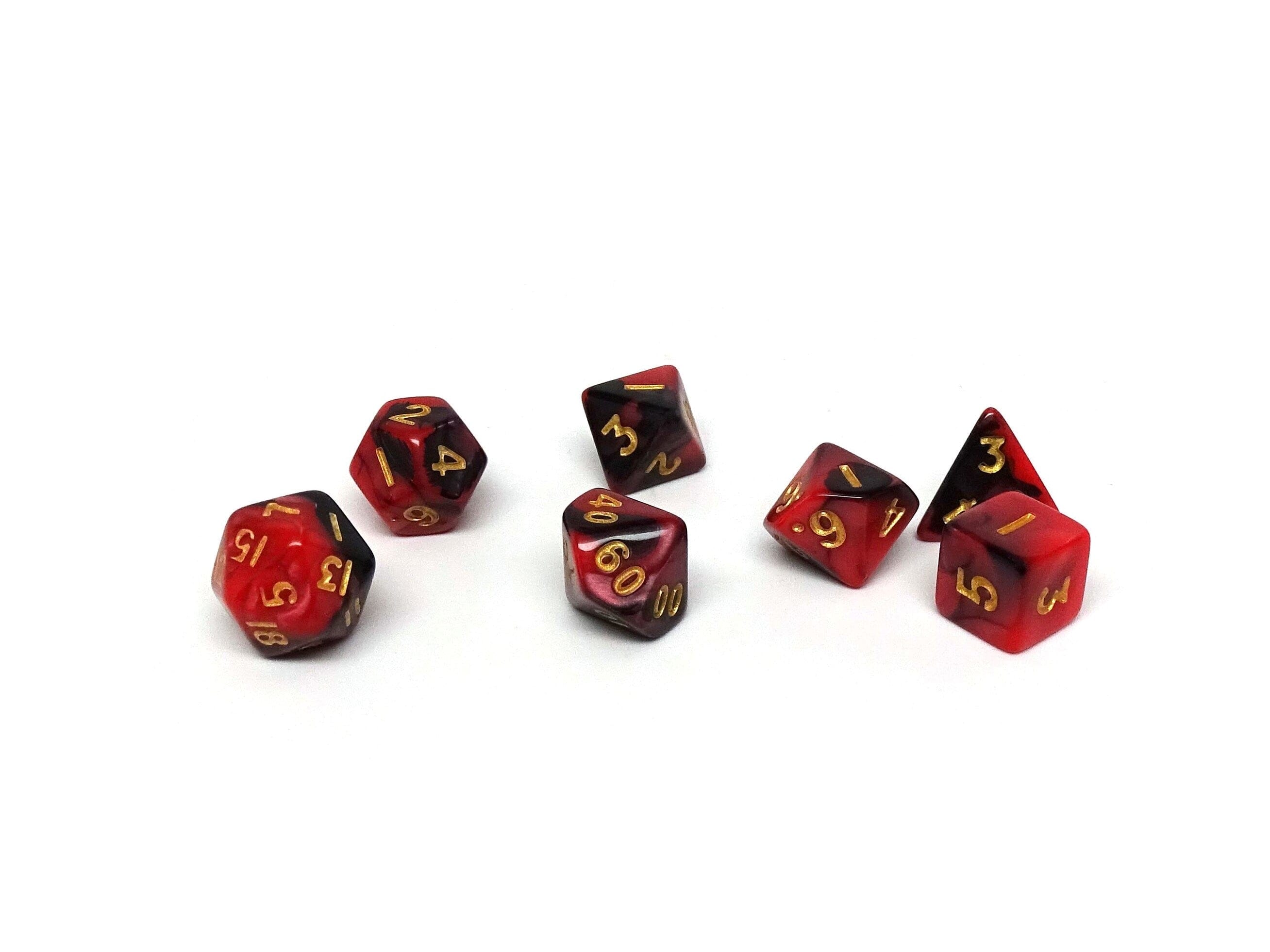 10mm Black and Red Swirl Mini Dice Set - Bards & Cards