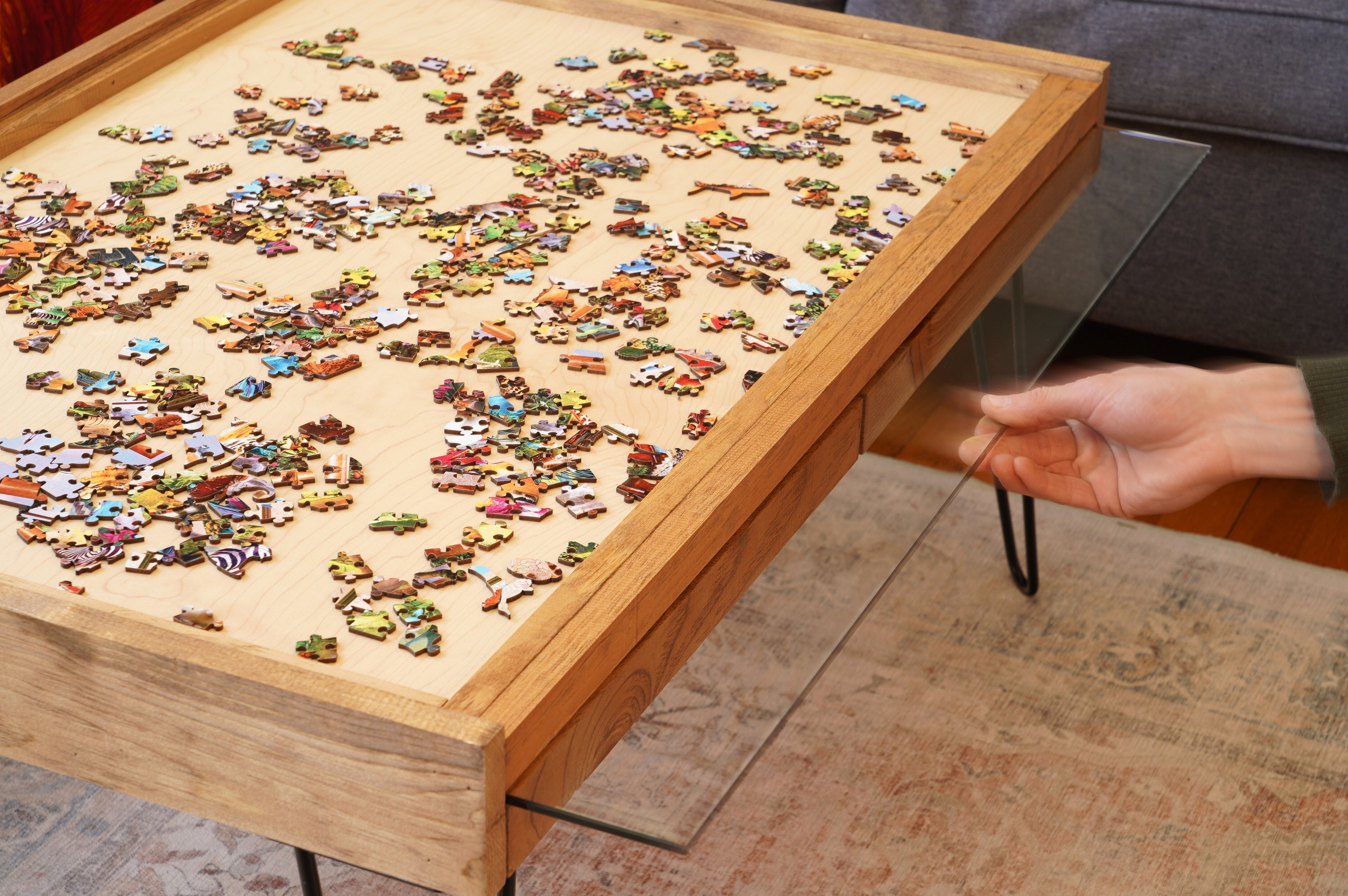 Rustic Puzzle Coffee Table with removable glass top - includes 2 hidden drawers - 24x36" - 0