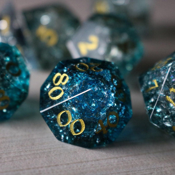 Dark Waters Forge Fire Glass Blue DND Dice Set - Bards & Cards