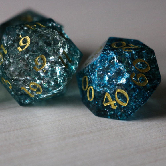 Dark Waters Forge Fire Glass Blue DND Dice Set - Bards & Cards