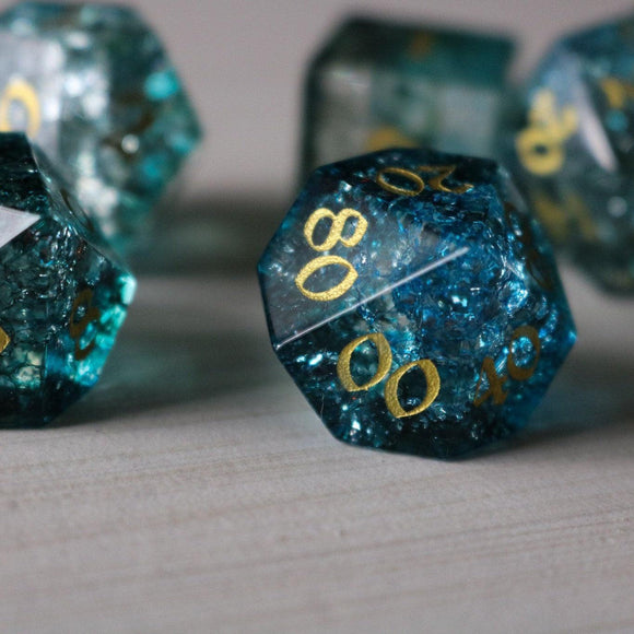 Dark Waters Forge Fire Glass Blue DND Dice Set - Bards & Cards