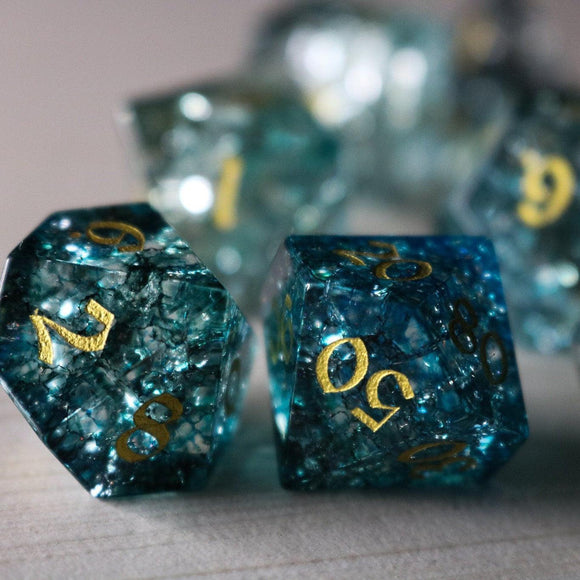 Dark Waters Forge Fire Glass Blue DND Dice Set - Bards & Cards