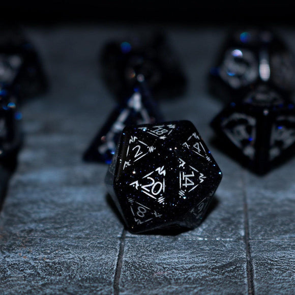 Dragon Shield Blue Sandstone (Silver Font) Gemstone DND Dice Set - Bards & Cards