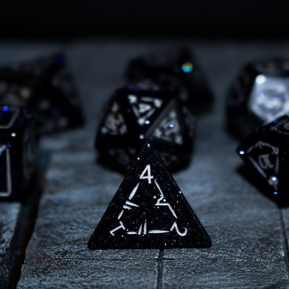 Dragon Shield Blue Sandstone (Silver Font) Gemstone DND Dice Set - Bards & Cards