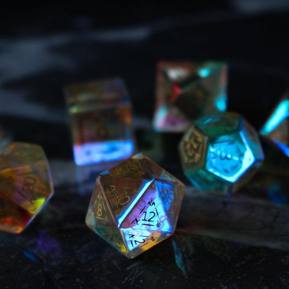 Dragon Shield Gemstone Dichroic Glass DND Dice Set - Bards & Cards