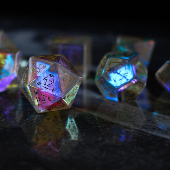 Dragon Shield Gemstone Dichroic Glass DND Dice Set - Bards & Cards