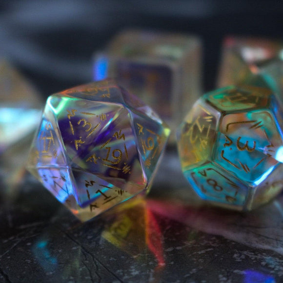 Dragon Shield Gemstone Dichroic Glass DND Dice Set - Bards & Cards