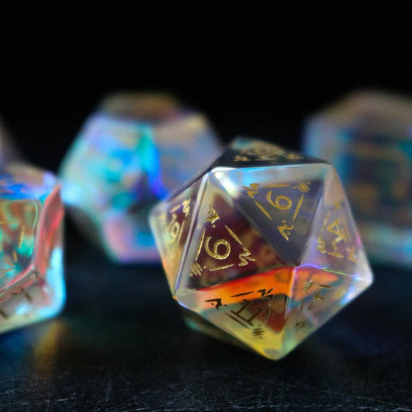 Dragon Shield Gemstone Dichroic Glass DND Dice Set - Bards & Cards
