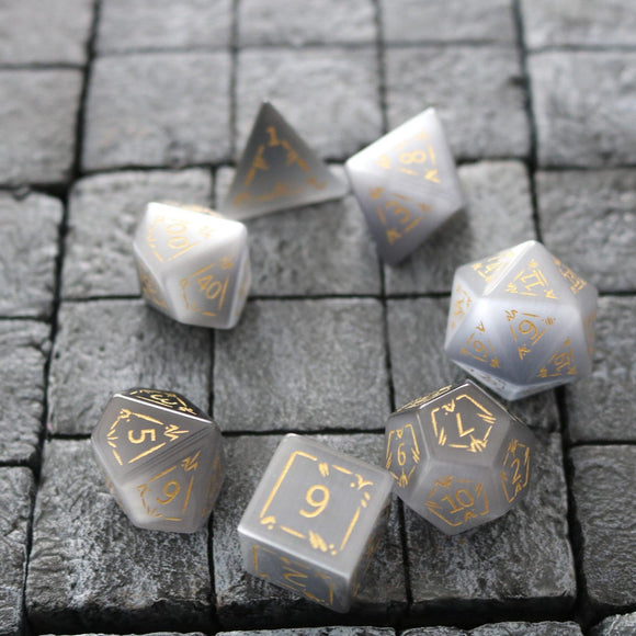 Dragon Shield Gray Cats Eye Gemstone DND Dice Set - Bards & Cards