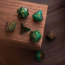 Dragon Shield Green Cats Eye Stone Gemstone DND Dice Set - Bards & Cards