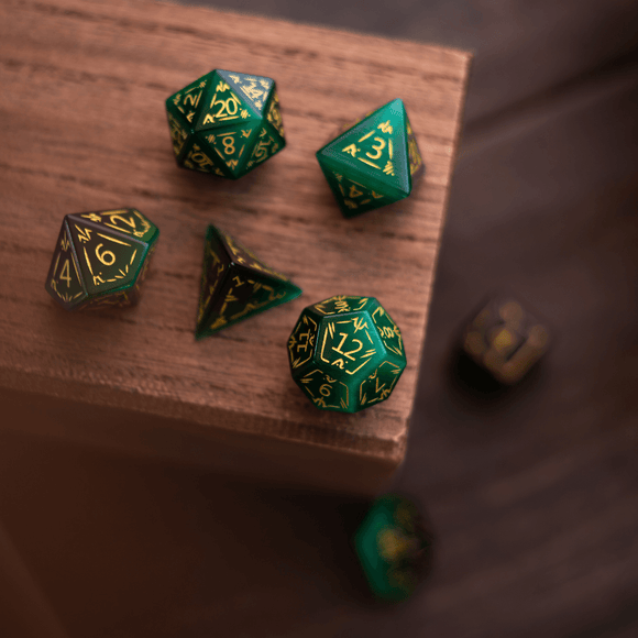 Dragon Shield Green Cats Eye Stone Gemstone DND Dice Set - Bards & Cards