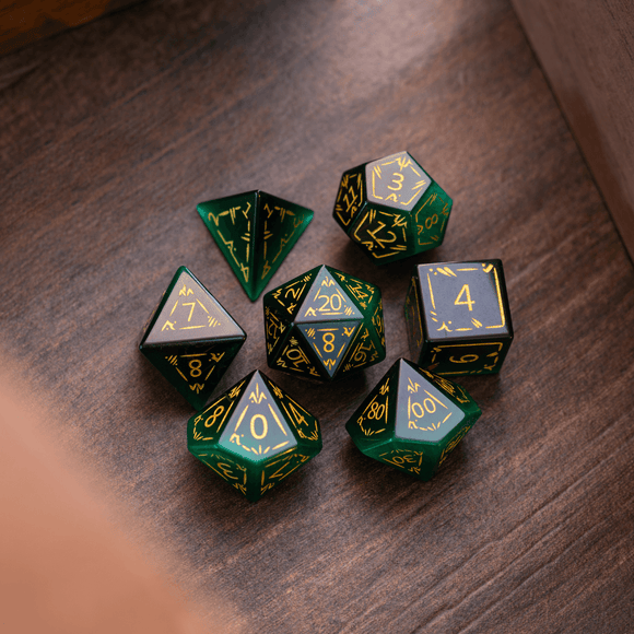 Dragon Shield Green Cats Eye Stone Gemstone DND Dice Set - Bards & Cards