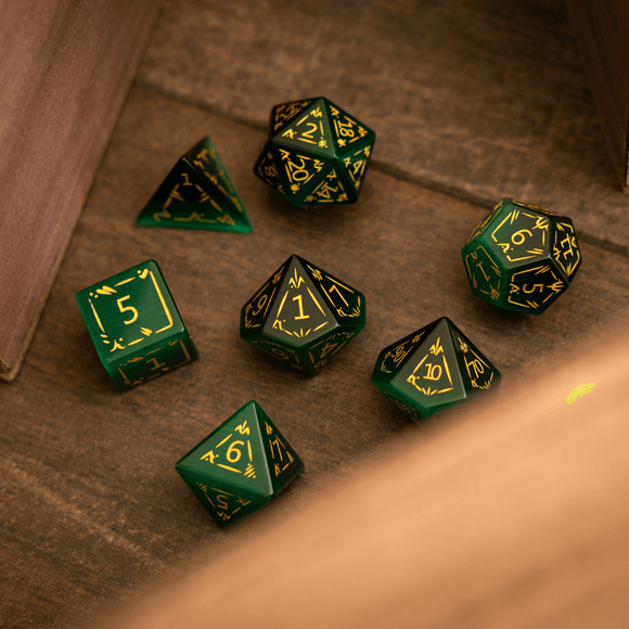 Dragon Shield Green Cats Eye Stone Gemstone DND Dice Set - Bards & Cards
