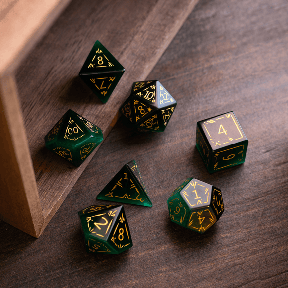 Dragon Shield Green Cats Eye Stone Gemstone DND Dice Set - Bards & Cards