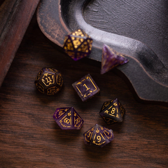 Dragon Shield Purple Amethyst Gemstone DND Dice Set - Bards & Cards