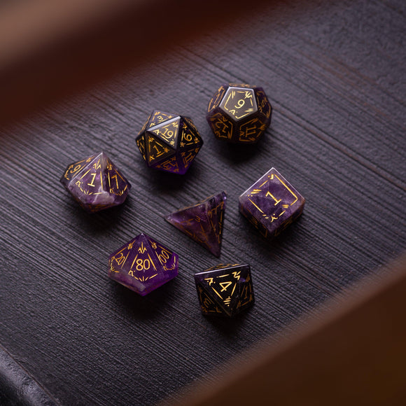Dragon Shield Purple Amethyst Gemstone DND Dice Set - Bards & Cards
