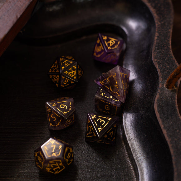 Dragon Shield Purple Amethyst Gemstone DND Dice Set - Bards & Cards