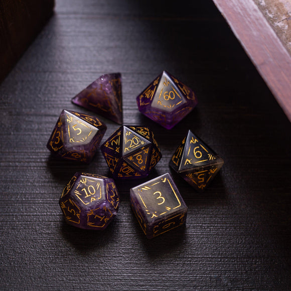 Dragon Shield Purple Amethyst Gemstone DND Dice Set - Bards & Cards