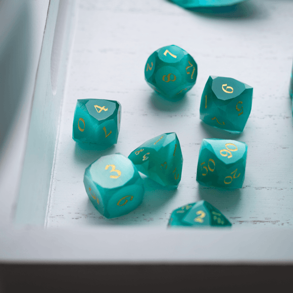 Dwarf Cut Aquamarine Cat’s Eye Gemstone Premium DND Dice Set - Bards & Cards