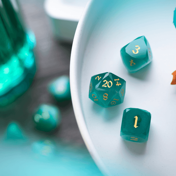 Dwarf Cut Aquamarine Cat’s Eye Gemstone Premium DND Dice Set - Bards & Cards