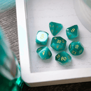 Dwarf Cut Aquamarine Cat’s Eye Gemstone Premium DND Dice Set - Bards & Cards