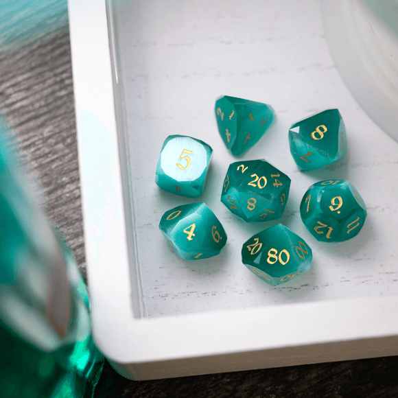 Dwarf Cut Aquamarine Cat’s Eye Gemstone Premium DND Dice Set - Bards & Cards