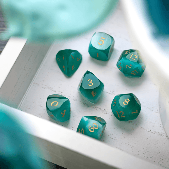 Dwarf Cut Aquamarine Cat’s Eye Gemstone Premium DND Dice Set - Bards & Cards