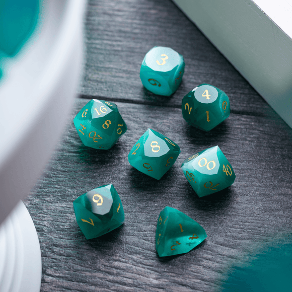 Dwarf Cut Aquamarine Cat’s Eye Gemstone Premium DND Dice Set - Bards & Cards