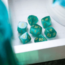 Dwarf Cut Aquamarine Cat’s Eye Gemstone Premium DND Dice Set - Bards & Cards