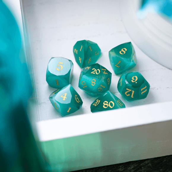 Dwarf Cut Aquamarine Cat’s Eye Gemstone Premium DND Dice Set - Bards & Cards