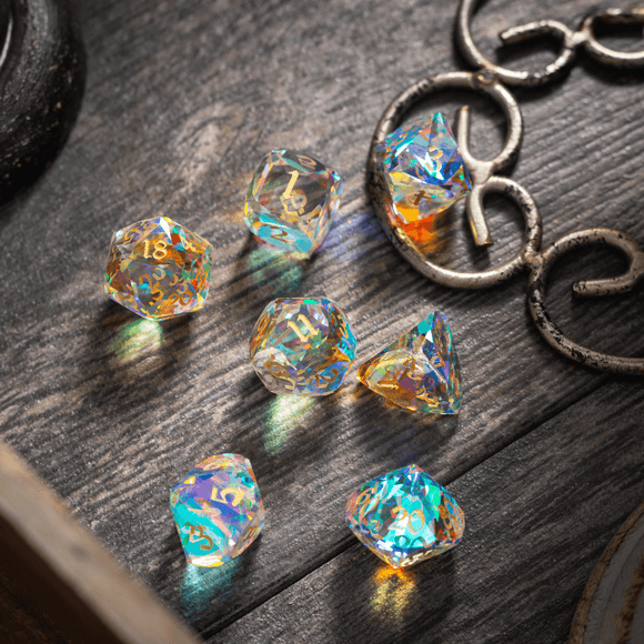 Dwarf Cut Dichroic Glass Premium DND Dice Set - Bards & Cards