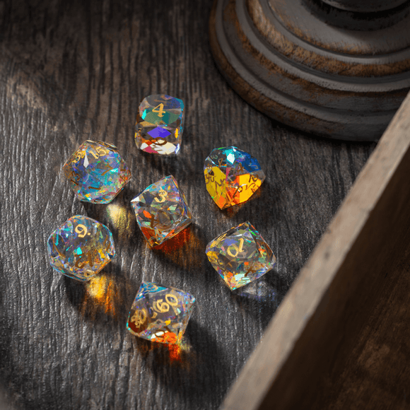 Dwarf Cut Dichroic Glass Premium DND Dice Set - Bards & Cards