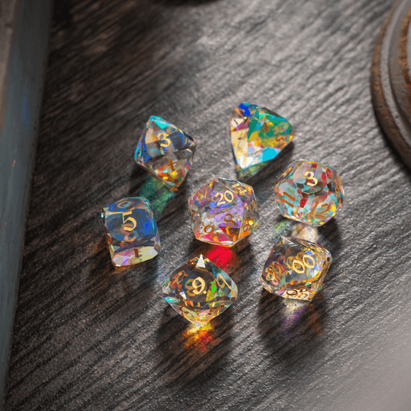 Dwarf Cut Dichroic Glass Premium DND Dice Set - Bards & Cards