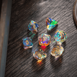 Dwarf Cut Dichroic Glass Premium DND Dice Set - Bards & Cards