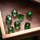 Dwarf Cut Green Gemstone Glass Premium DND Dice Set - Bards & Cards