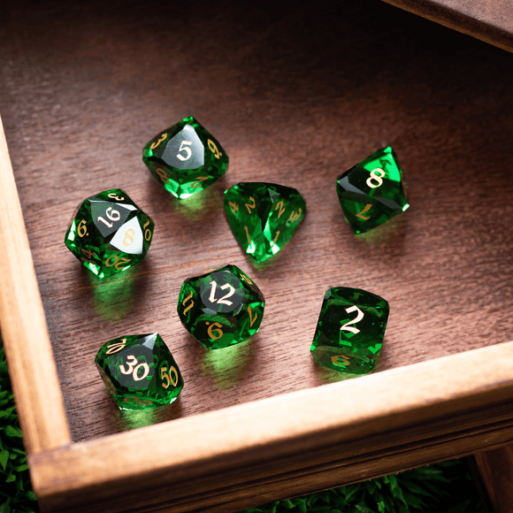 Dwarf Cut Green Gemstone Glass Premium DND Dice Set - Bards & Cards