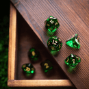 Dwarf Cut Green Gemstone Glass Premium DND Dice Set - Bards & Cards