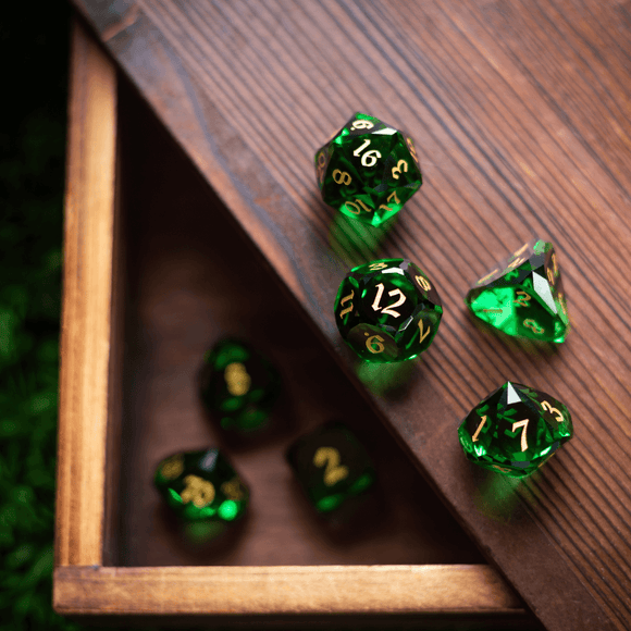 Dwarf Cut Green Gemstone Glass Premium DND Dice Set - Bards & Cards