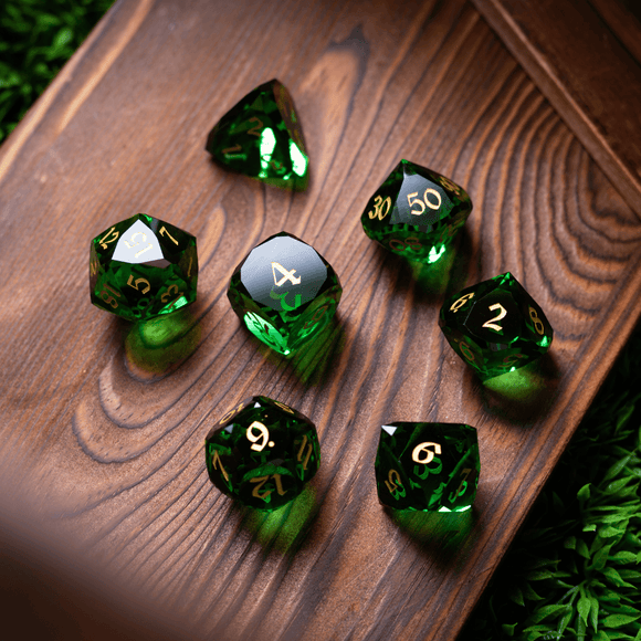 Dwarf Cut Green Gemstone Glass Premium DND Dice Set - Bards & Cards