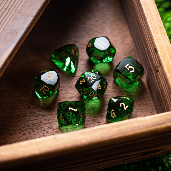 Dwarf Cut Green Gemstone Glass Premium DND Dice Set - Bards & Cards