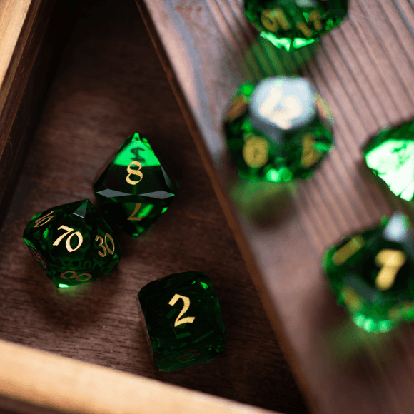 Dwarf Cut Green Gemstone Glass Premium DND Dice Set - Bards & Cards