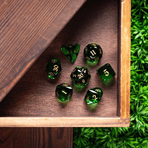 Dwarf Cut Green Gemstone Glass Premium DND Dice Set - Bards & Cards