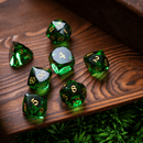 Dwarf Cut Green Gemstone Glass Premium DND Dice Set - Bards & Cards