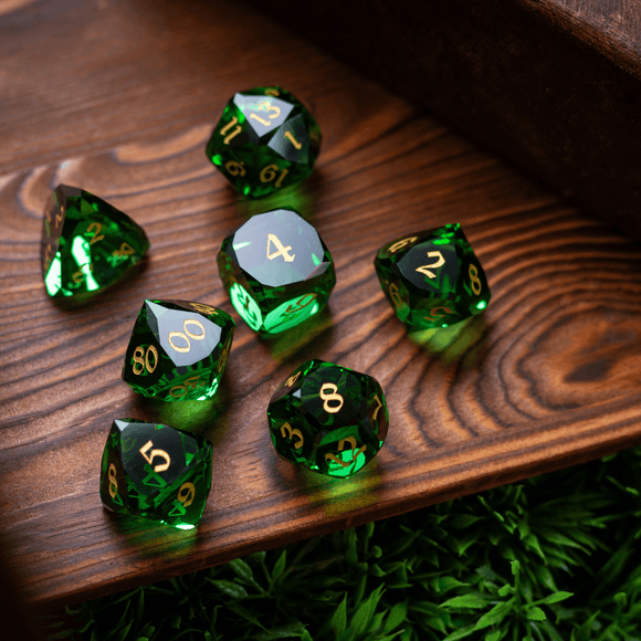 Dwarf Cut Green Gemstone Glass Premium DND Dice Set - Bards & Cards