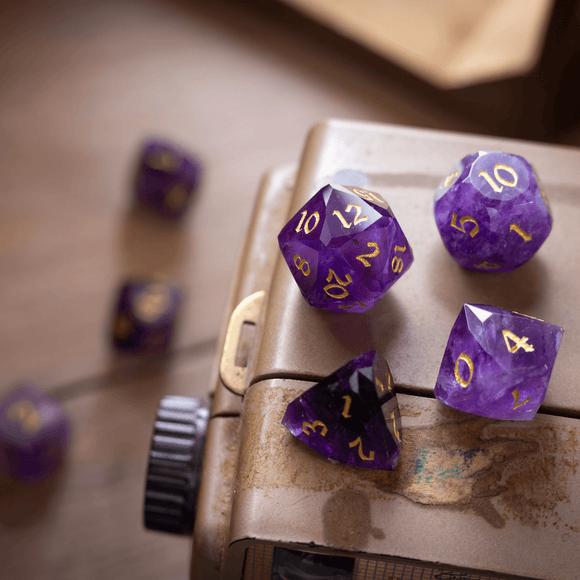 Dwarf Cut Purple Amethyst Gemstone Premium DND Dice Set - Bards & Cards