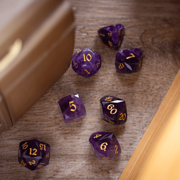 Dwarf Cut Purple Amethyst Gemstone Premium DND Dice Set - Bards & Cards