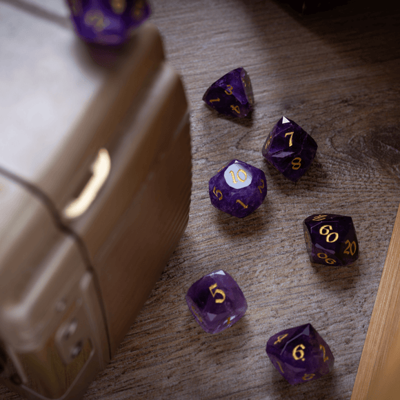 Dwarf Cut Purple Amethyst Gemstone Premium DND Dice Set - Bards & Cards